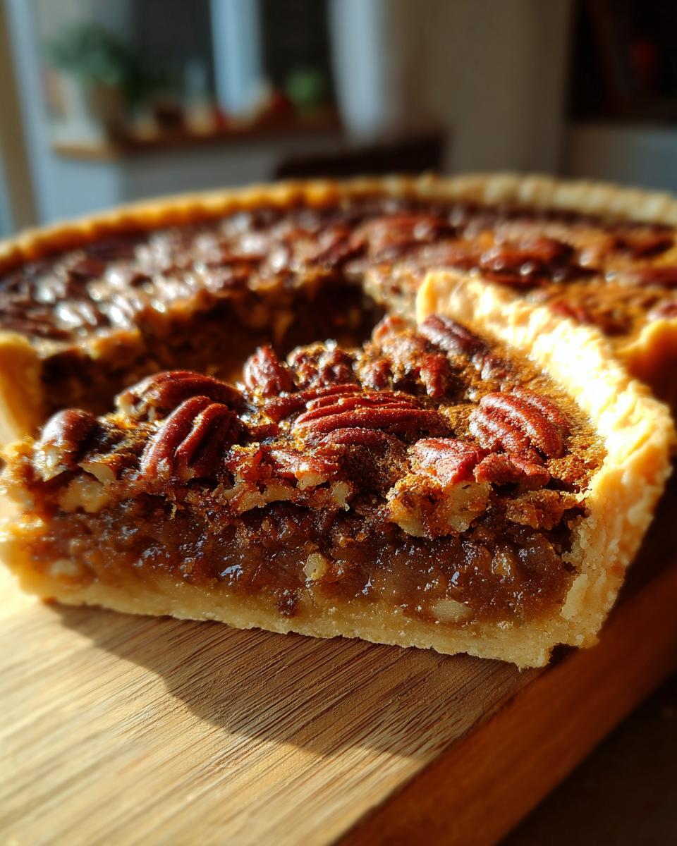 A close-up of a slice of gooey Southern classic pecan pie, showing the flaky crust and rich filling topped with pecans.