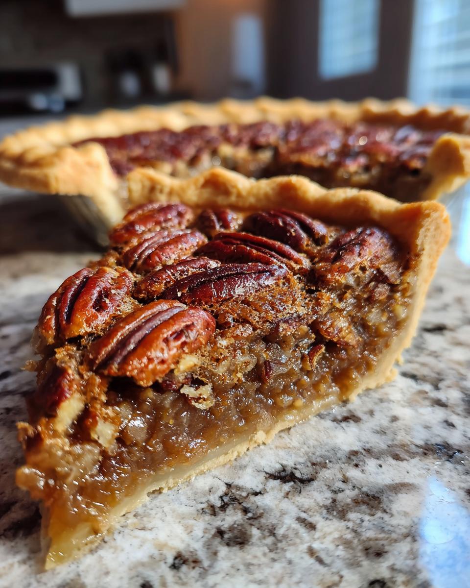 A close-up of a slice of gooey Southern Pecan Pie, showcasing the flaky crust and rich filling topped with whole pecans.