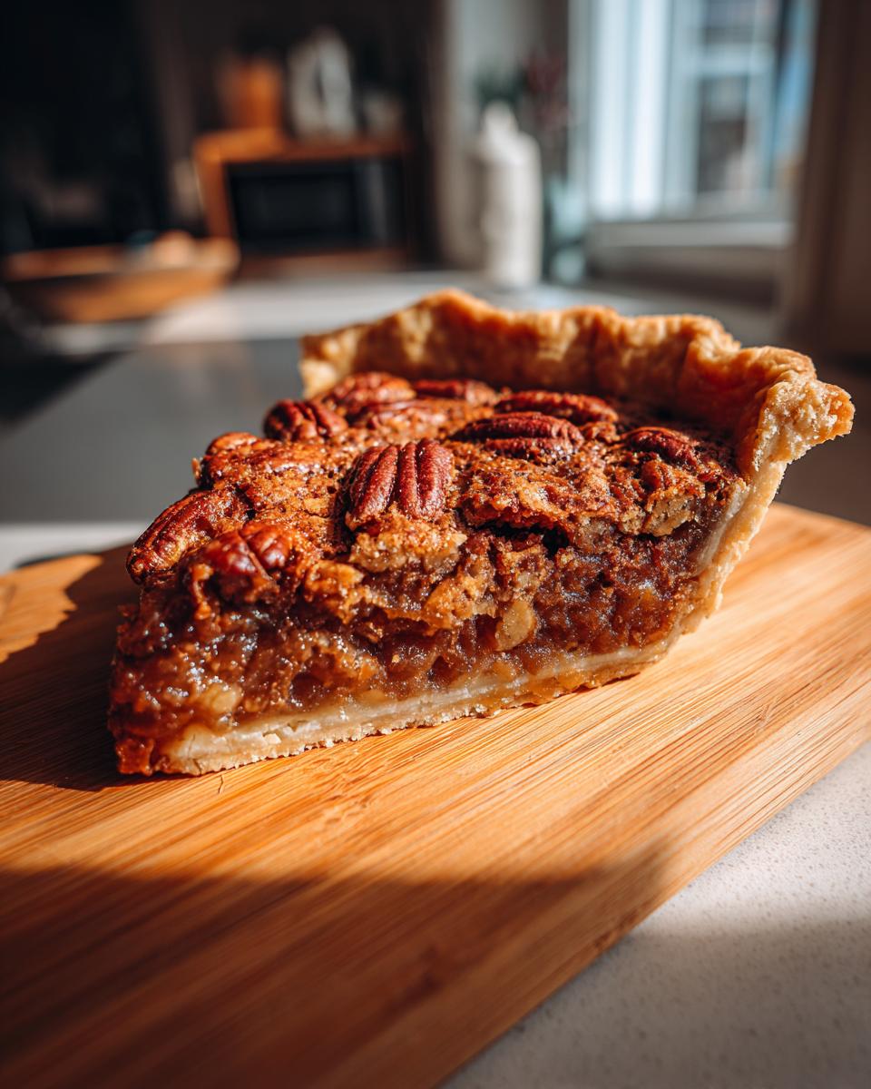 A close-up of a slice of gooey Southern pecan pie on a wooden board, showcasing the flaky crust and pecan topping.