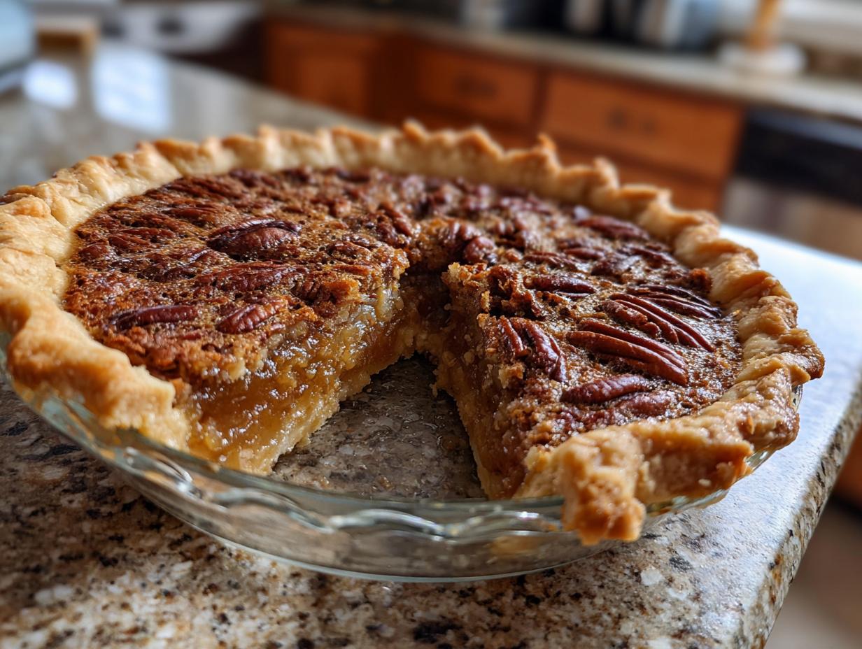 A slice of gooey Southern Pecan Pie with a flaky crust and whole pecans on top.