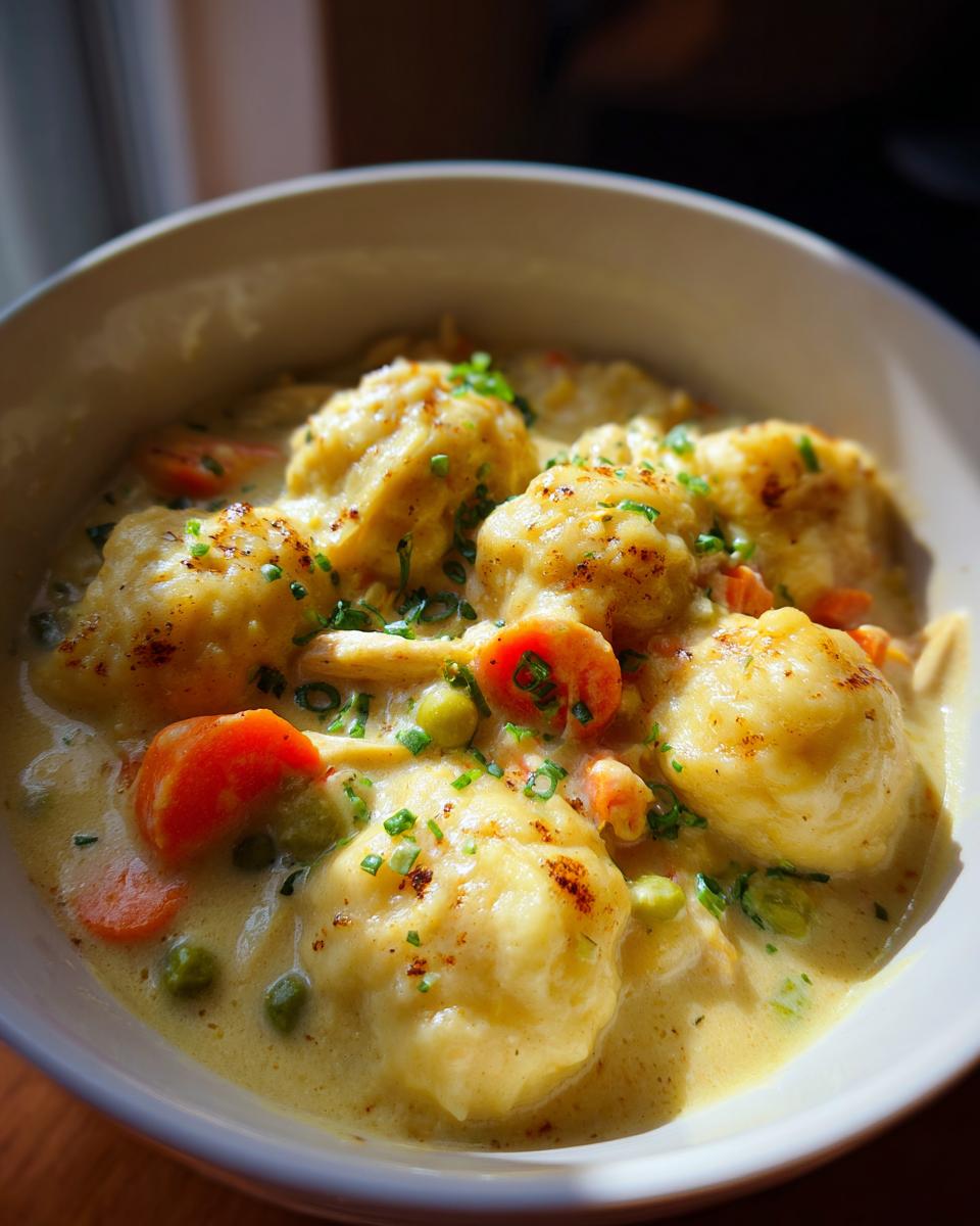 A close-up of a bowl of Grandma's Chicken and Dumplings, featuring fluffy dumplings in a creamy broth with carrots and peas.