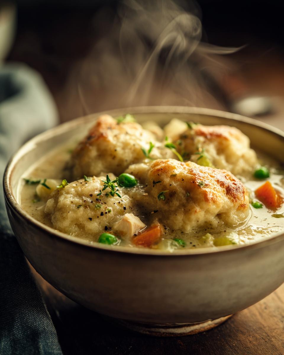 A close-up of a steaming bowl of Grandma's Chicken and Dumplings, featuring fluffy dumplings, tender chicken, peas, and carrots in a creamy broth.