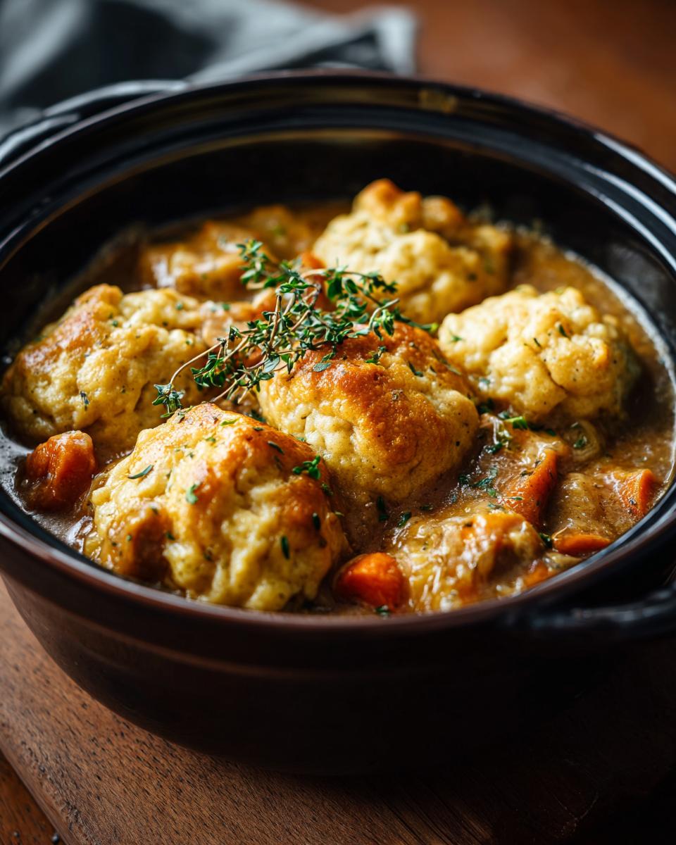Close-up of a rustic pot filled with Grandma's Chicken and Dumplings, featuring fluffy dumplings, tender chicken, and carrots in a savory broth.