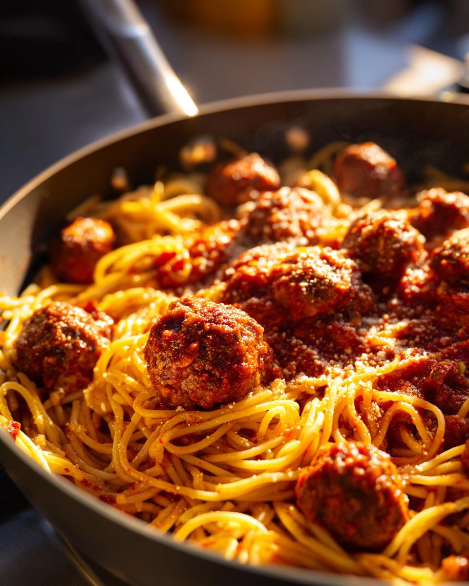 A close-up of a pan filled with tender spaghetti and meatballs in rich tomato sauce, sprinkled with Parmesan cheese.
