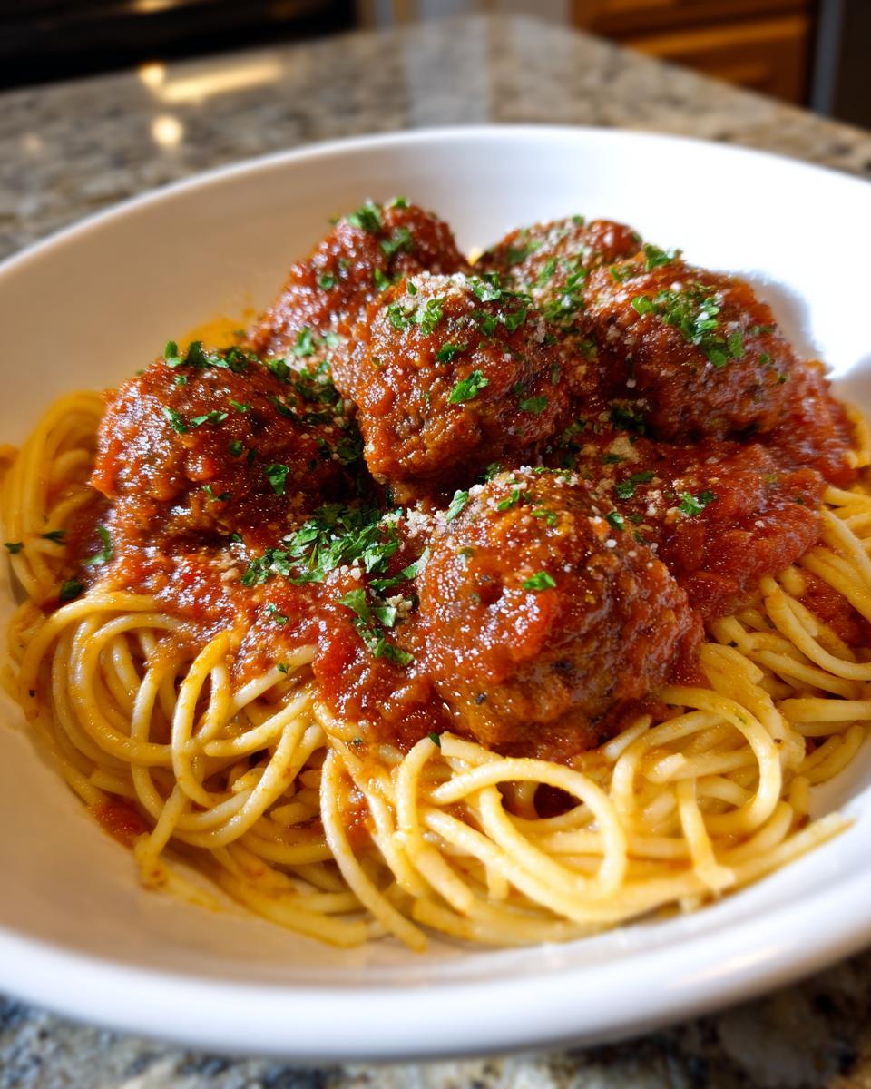 A bowl of spaghetti and meatballs in marinara sauce, topped with fresh parsley and Parmesan cheese.