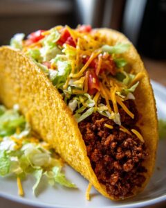 A close-up of a crunchy ground beef taco filled with seasoned meat, shredded lettuce, diced tomatoes, and cheese.