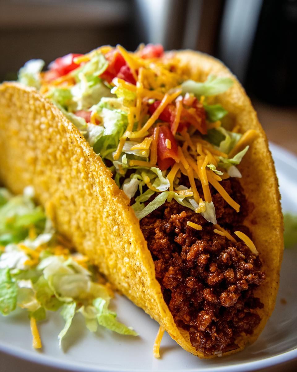 A close-up of a crunchy ground beef taco filled with seasoned meat, shredded lettuce, diced tomatoes, and cheese.