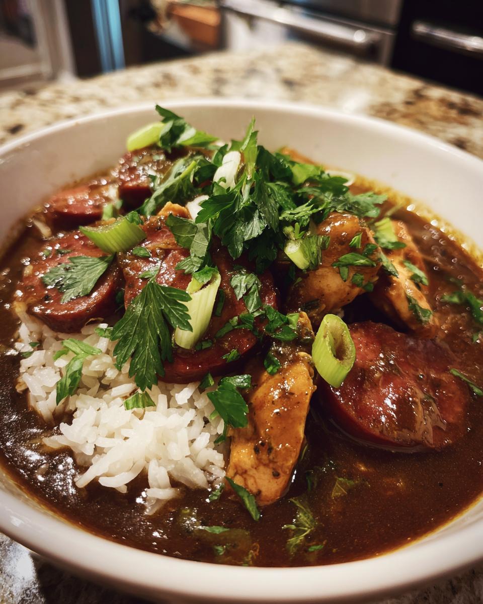 A close-up of a bowl of rich Gumbo, featuring tender chicken, sliced sausage, white rice, and fresh parsley garnish.