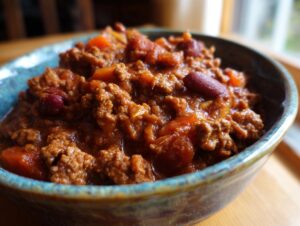 A close-up of a rustic bowl filled with hearty beef chili, featuring ground beef, kidney beans, and chunks of tomato.
