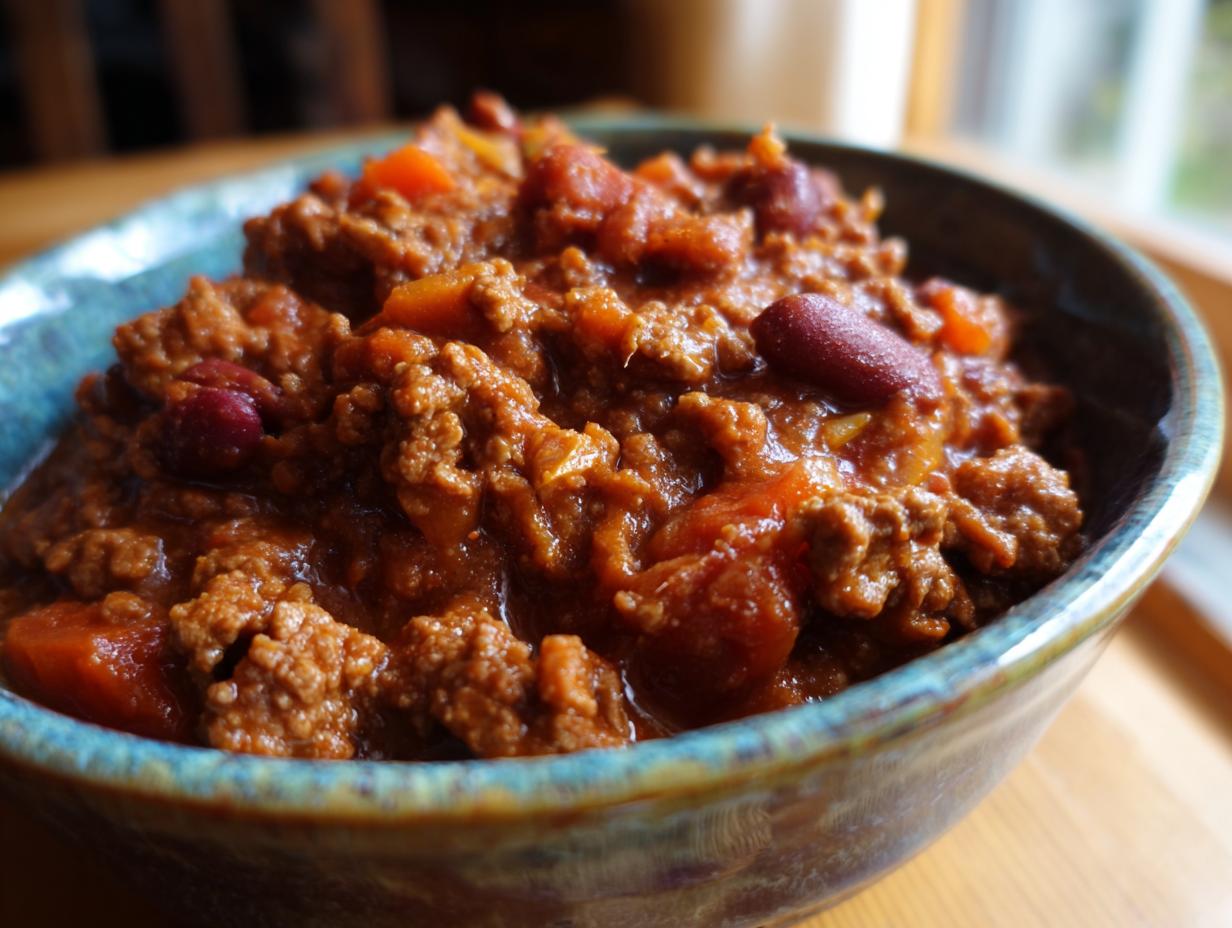 A close-up of a rustic bowl filled with hearty beef chili, featuring ground beef, kidney beans, and chunks of tomato.