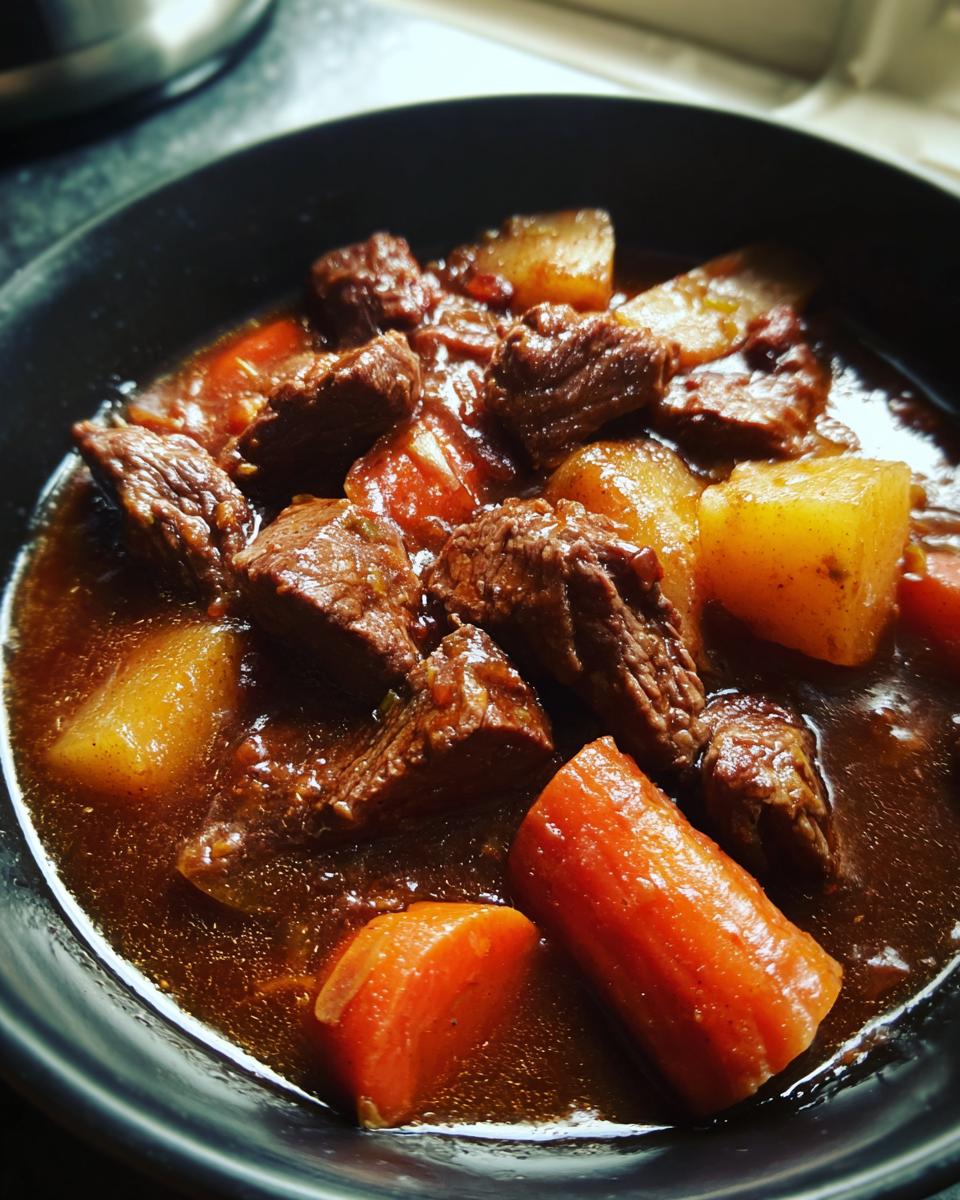 Close-up of a bowl of hearty beef stew, featuring tender chunks of beef, soft potatoes, and bright carrots in a rich, dark gravy.