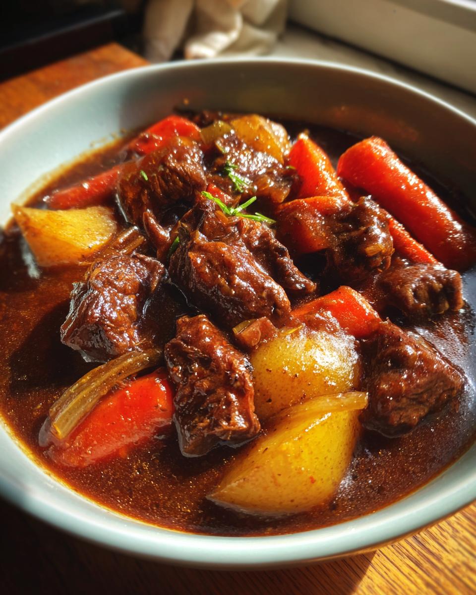 A close-up of a bowl of hearty beef stew, featuring tender chunks of beef, carrots, and potatoes in a rich, dark broth.
