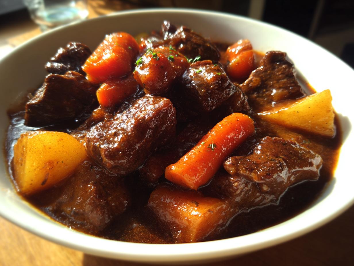 Close-up of a bowl filled with tender beef stew, featuring chunks of beef, carrots, and potatoes in a rich, dark gravy.