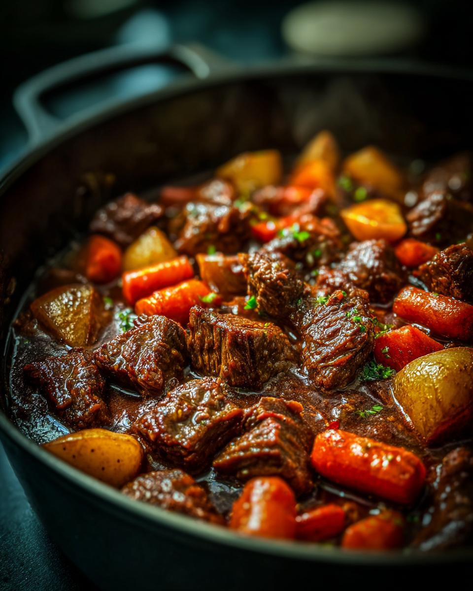Close-up of a steaming pot of hearty beef stew with tender chunks of beef, carrots, and potatoes.
