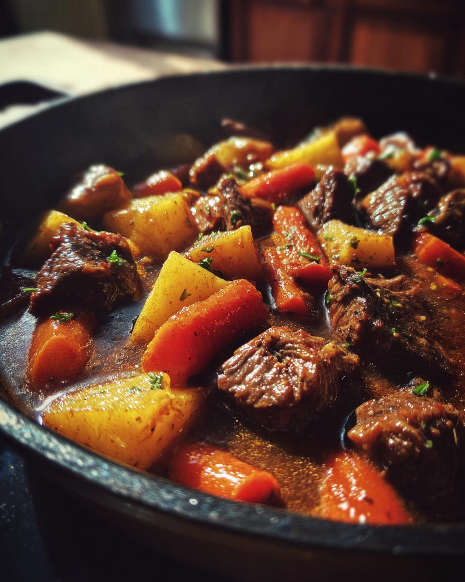 Close-up of a rich beef stew in a pot, featuring tender chunks of beef, potatoes, and carrots.