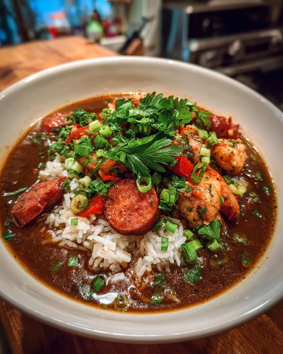 A close-up of a bowl of gumbo, featuring rice topped with shrimp, sausage slices, and fresh parsley.