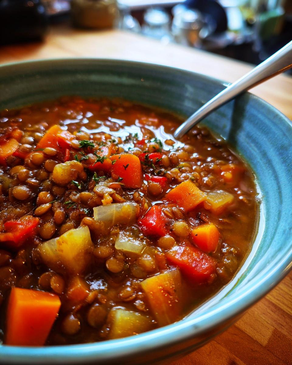 A close-up of a bowl of hearty lentil soup, filled with tender lentils, carrots, and celery, garnished with fresh herbs.