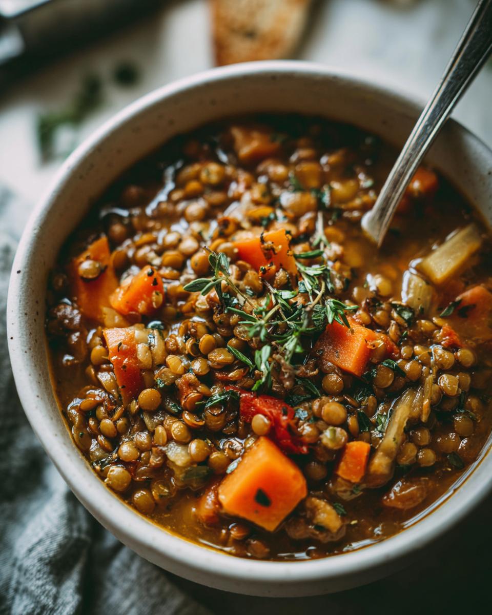 A close-up of a bowl of hearty lentil soup, featuring lentils, carrots, and herbs.