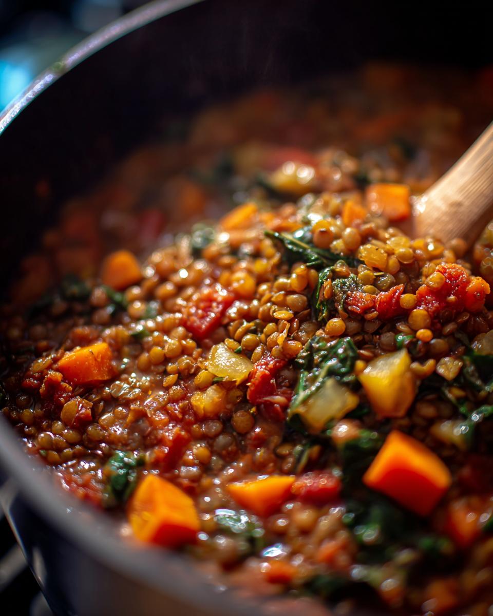 Close-up of steaming Lentil Soup in a pot with carrots, tomatoes, and greens, being stirred by a wooden spoon.