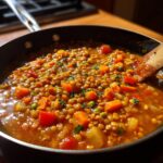 Close-up of a hearty lentil soup with carrots, peas, and herbs in a skillet, being stirred with a wooden spoon.