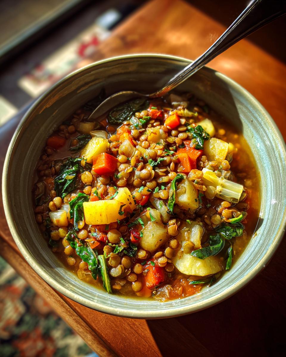 A close-up of a bowl of hearty lentil soup filled with vegetables like potatoes, carrots, and greens.