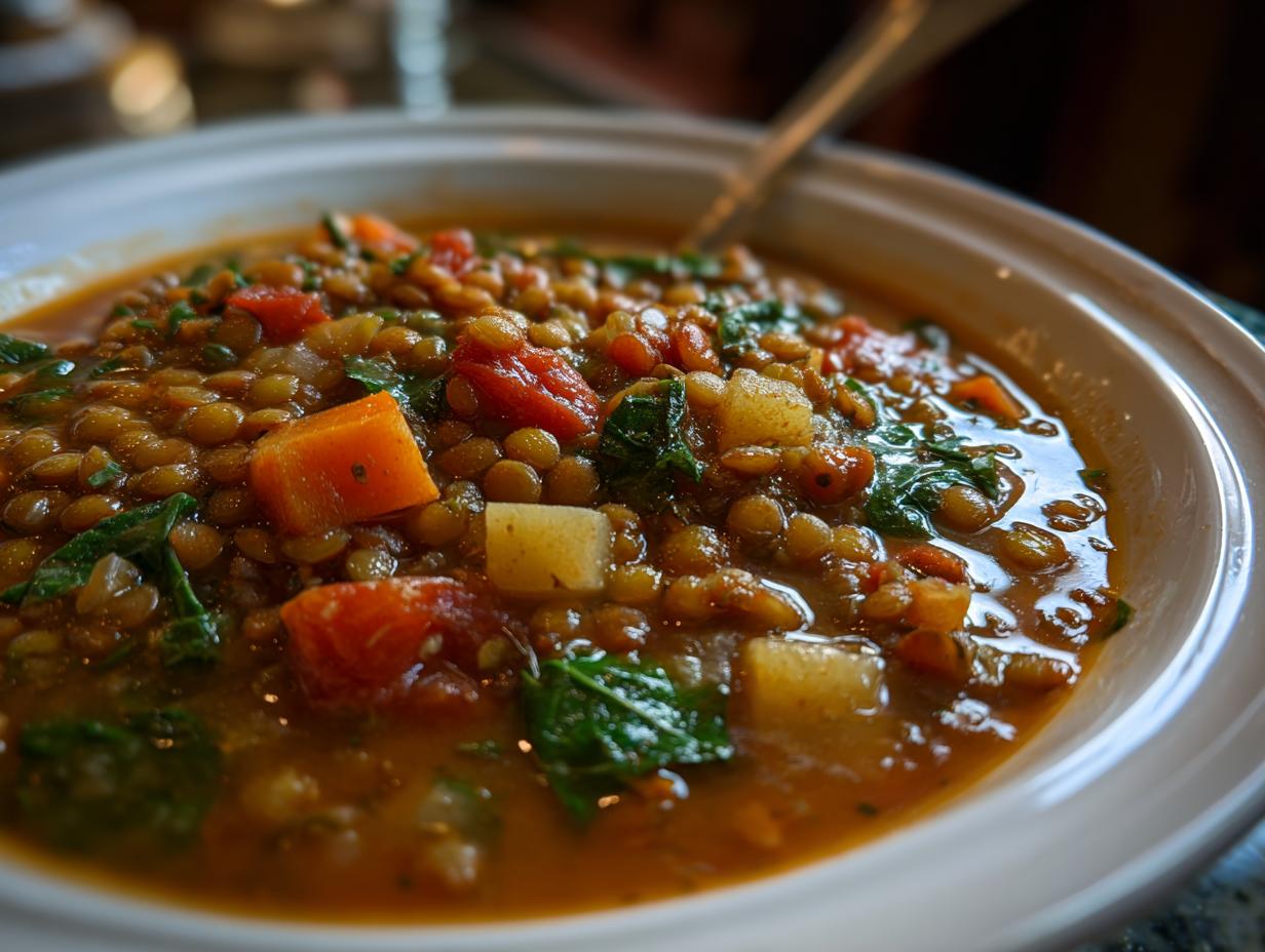 Close-up of a bowl of hearty lentil soup with chunks of carrots, potatoes, and tomatoes.