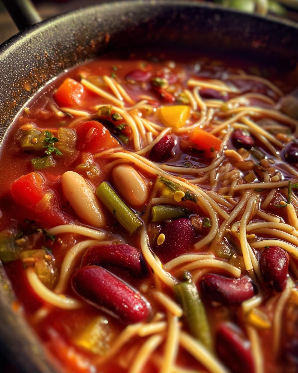 Close-up of a steaming bowl of hearty minestrone soup, featuring pasta, kidney beans, white beans, tomatoes, and green beans.