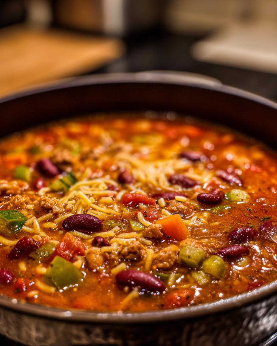 Close-up of a steaming bowl of hearty Minestrone soup, filled with kidney beans, pasta, and vegetables.