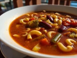A close-up shot of a bowl of hearty Minestrone soup, filled with pasta, beans, and vegetables.