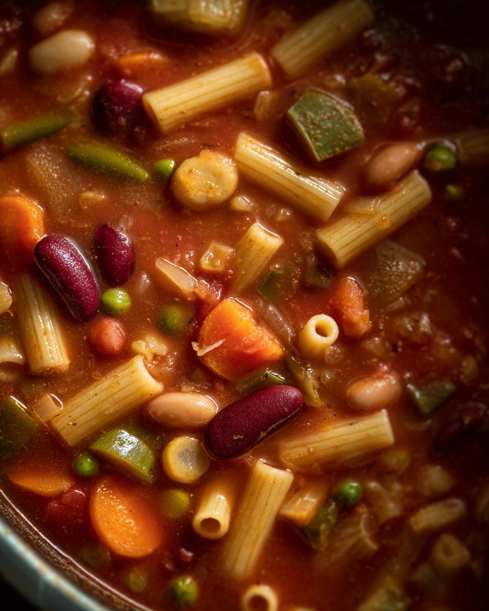 A close-up shot of a bowl of hearty minestrone soup, showcasing pasta, beans, carrots, peas, and zucchini in a rich tomato broth.