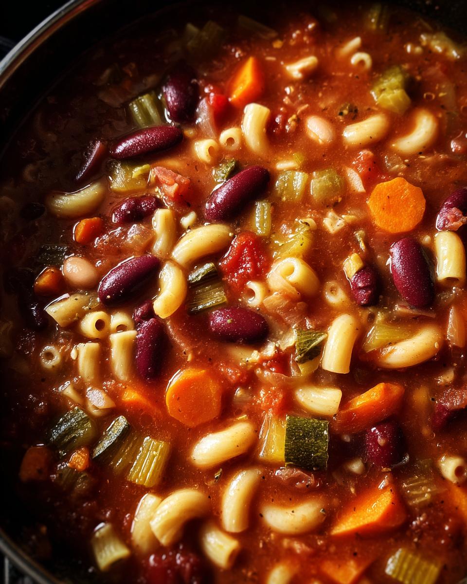 A close-up, overhead view of hearty Minestrone soup, brimming with pasta, kidney beans, carrots, celery, and zucchini in a rich tomato broth.