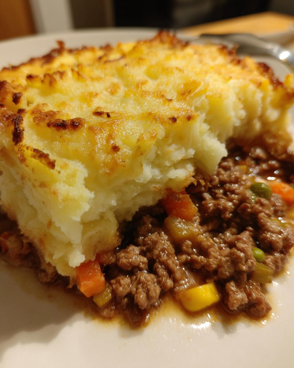 A close-up of a serving of Shepherd's pie, showing the rich meat filling with vegetables and a fluffy, golden-brown mashed potato topping.