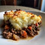 A delicious slice of Shepherd's pie featuring a rich meat and vegetable filling topped with golden mashed potatoes.