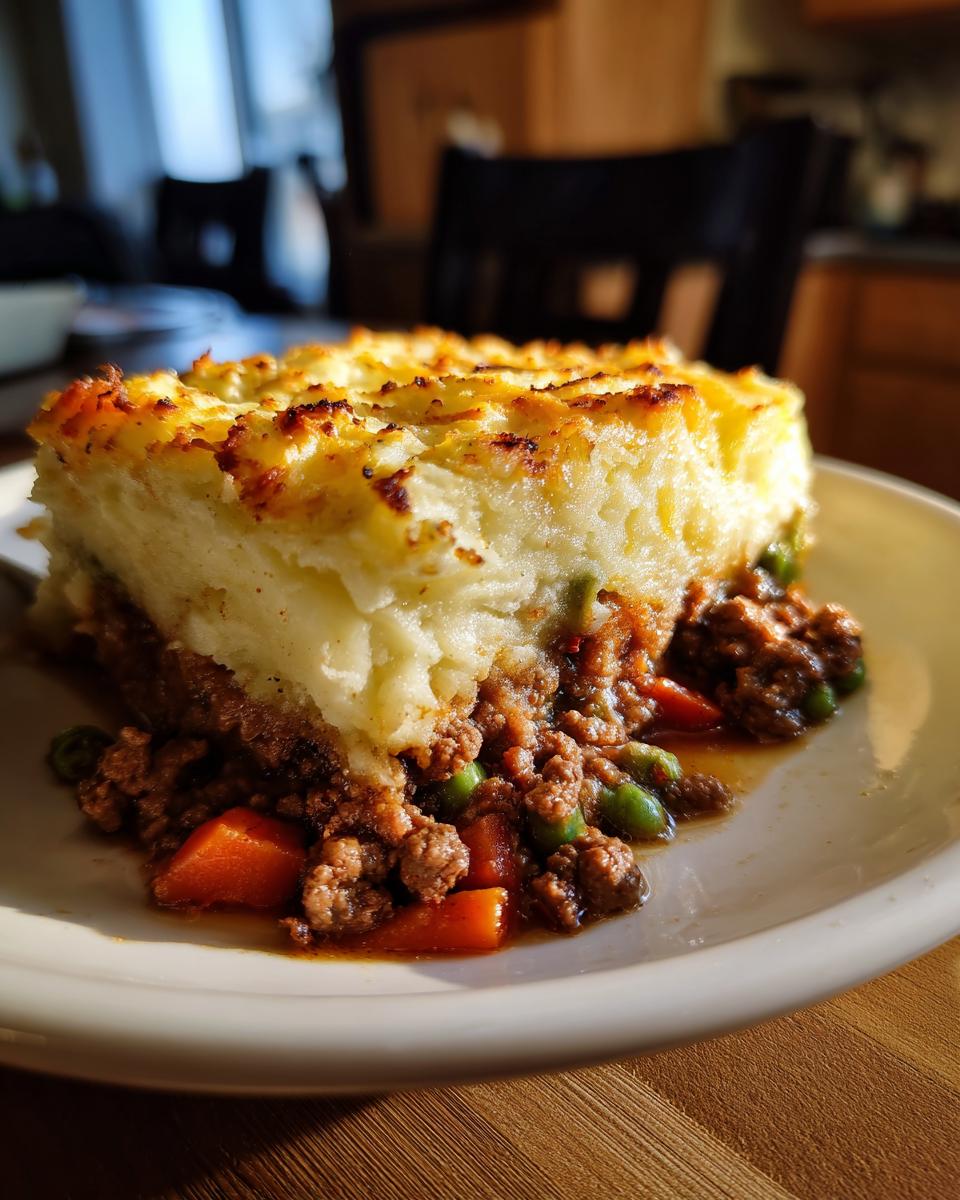 A generous slice of hearty Shepherd's pie with a golden-brown mashed potato topping and a rich ground meat and vegetable filling.