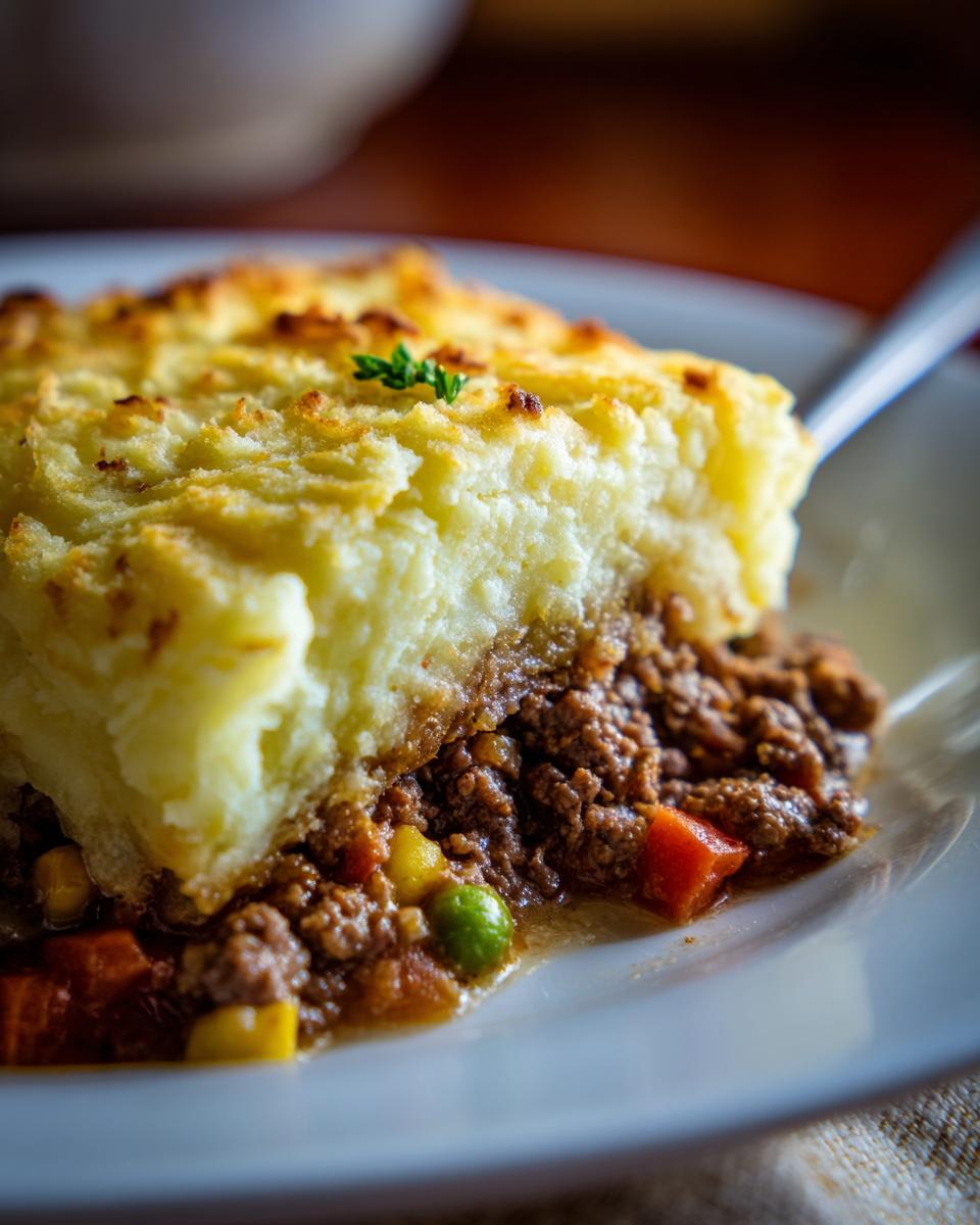 A close-up of a slice of Shepherd's pie, showing a rich meat and vegetable filling topped with golden mashed potatoes.
