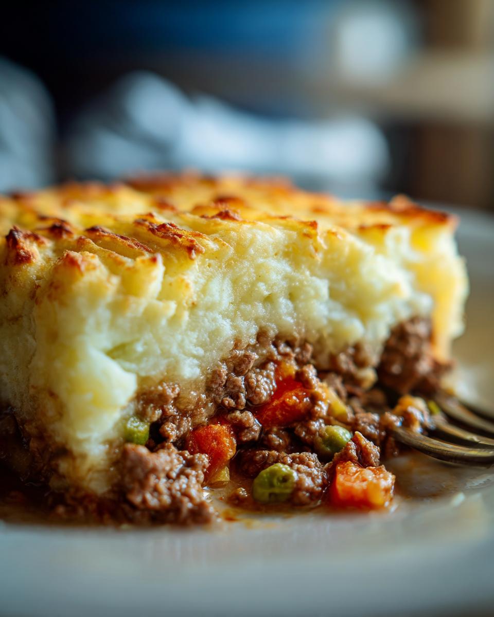 A close-up of a hearty Shepherd's pie slice, showing the rich meat filling with vegetables and a fluffy mashed potato topping, with a fork ready to serve.