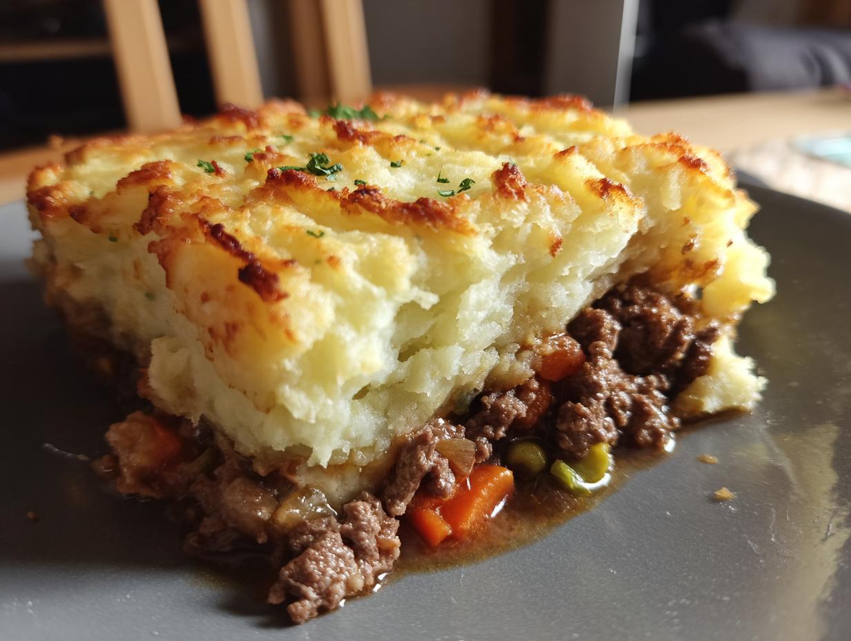Close-up of a slice of hearty Shepherd's pie, showing the rich meat filling and fluffy mashed potato topping.