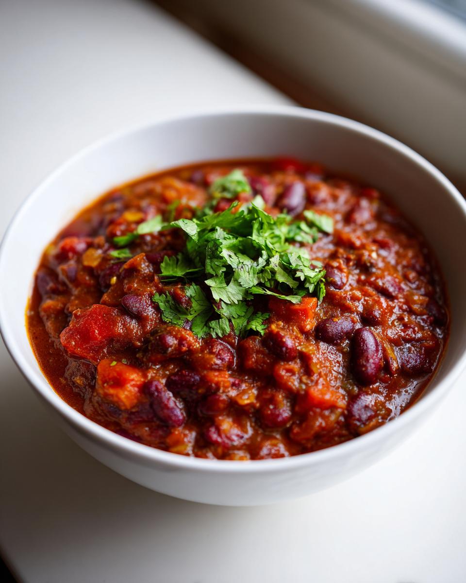 A close-up of a white bowl filled with hearty vegetarian chili, featuring kidney beans, tomatoes, and topped with fresh cilantro.