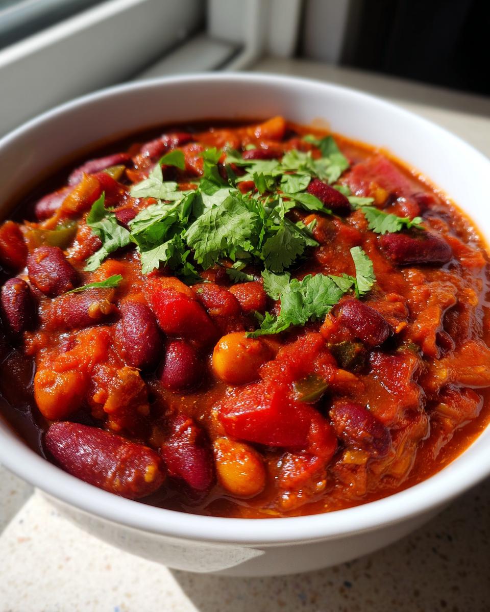 A close-up of a white bowl filled with hearty vegetarian chili, featuring kidney beans, chopped tomatoes, peppers, and fresh cilantro garnish.