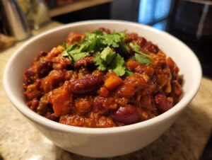 A close-up of a white bowl filled with hearty vegetarian chili, topped with fresh cilantro.