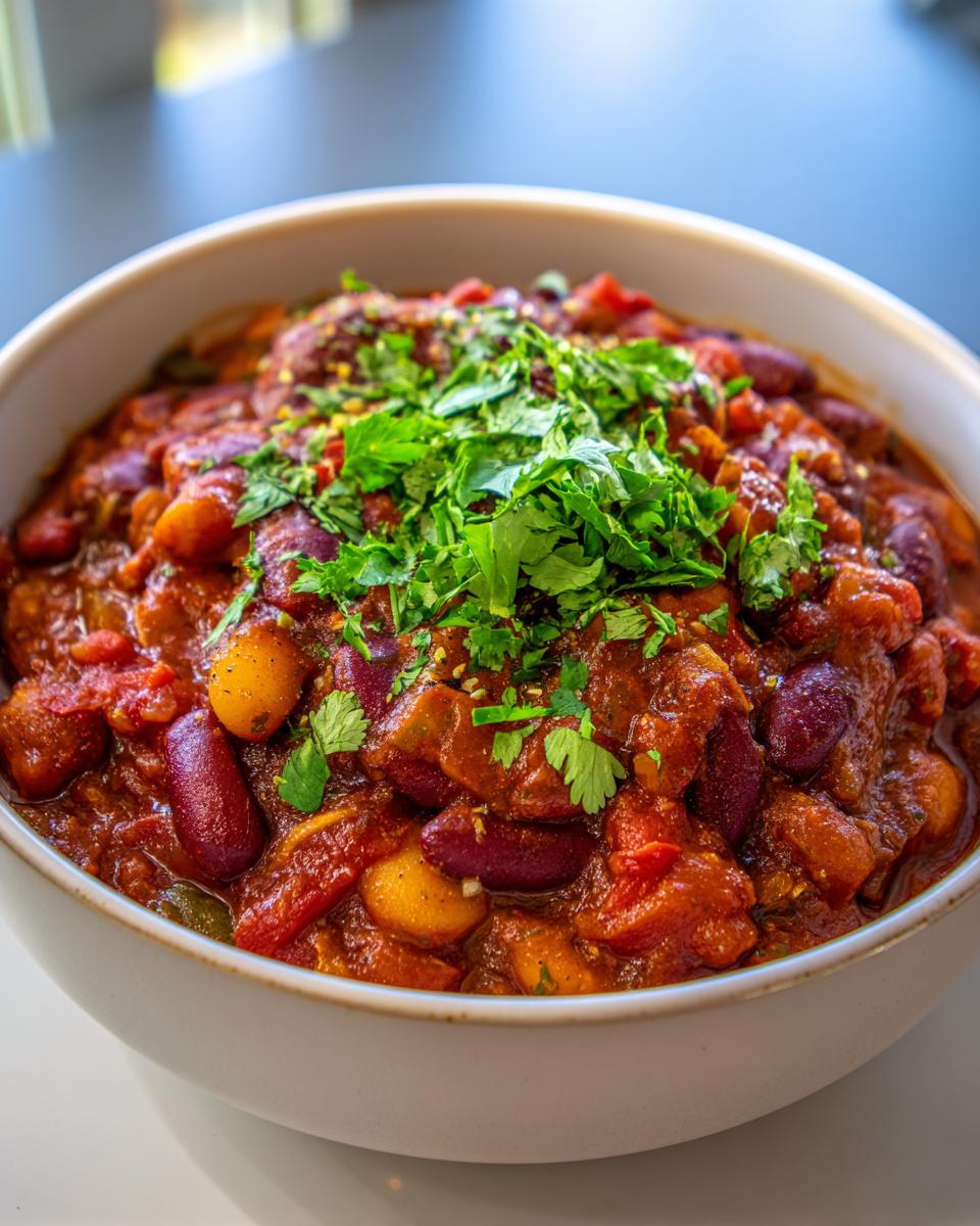 A close-up of a bowl filled with hearty vegetarian chili, featuring kidney beans, pinto beans, and a fresh cilantro garnish.