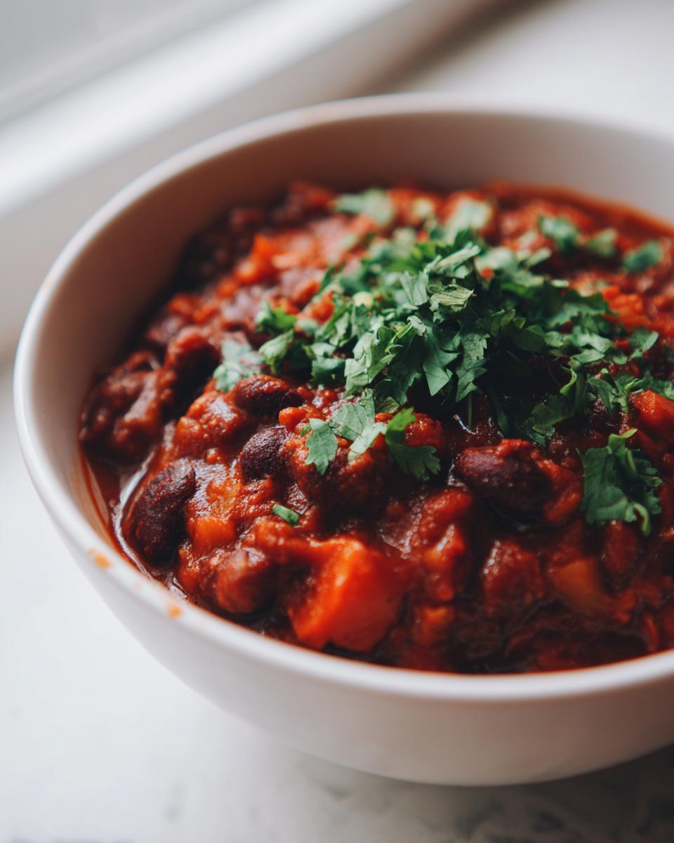 A close-up shot of a white bowl filled with hearty vegetarian chili, topped with fresh cilantro.