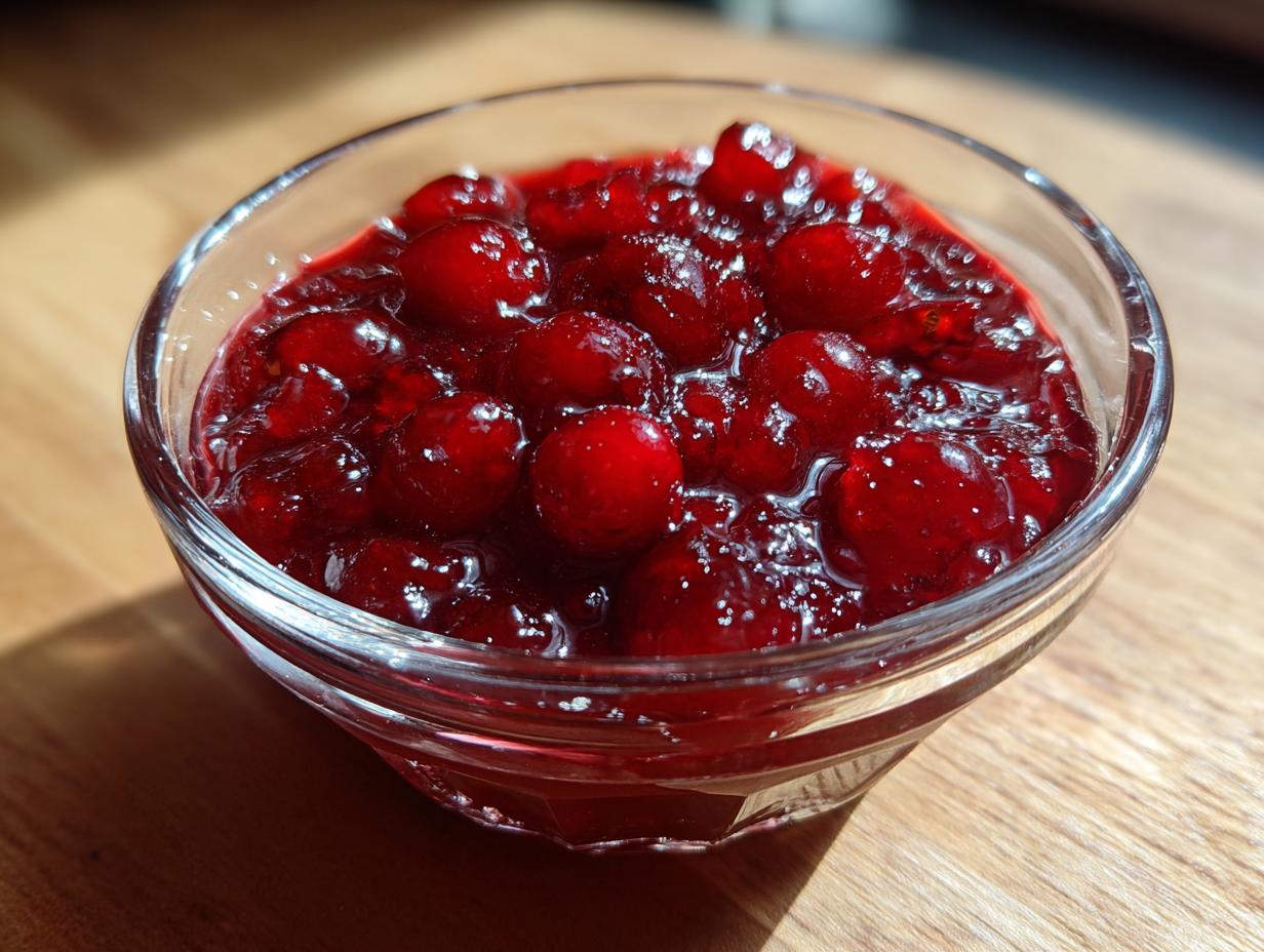 Close-up of glistening homemade cranberry sauce in a clear glass bowl, showcasing whole cranberries.