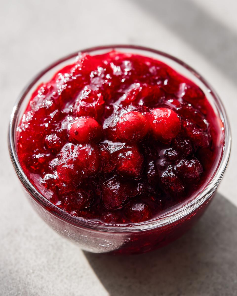Close-up of glistening homemade cranberry sauce in a clear glass bowl, topped with whole cranberries.