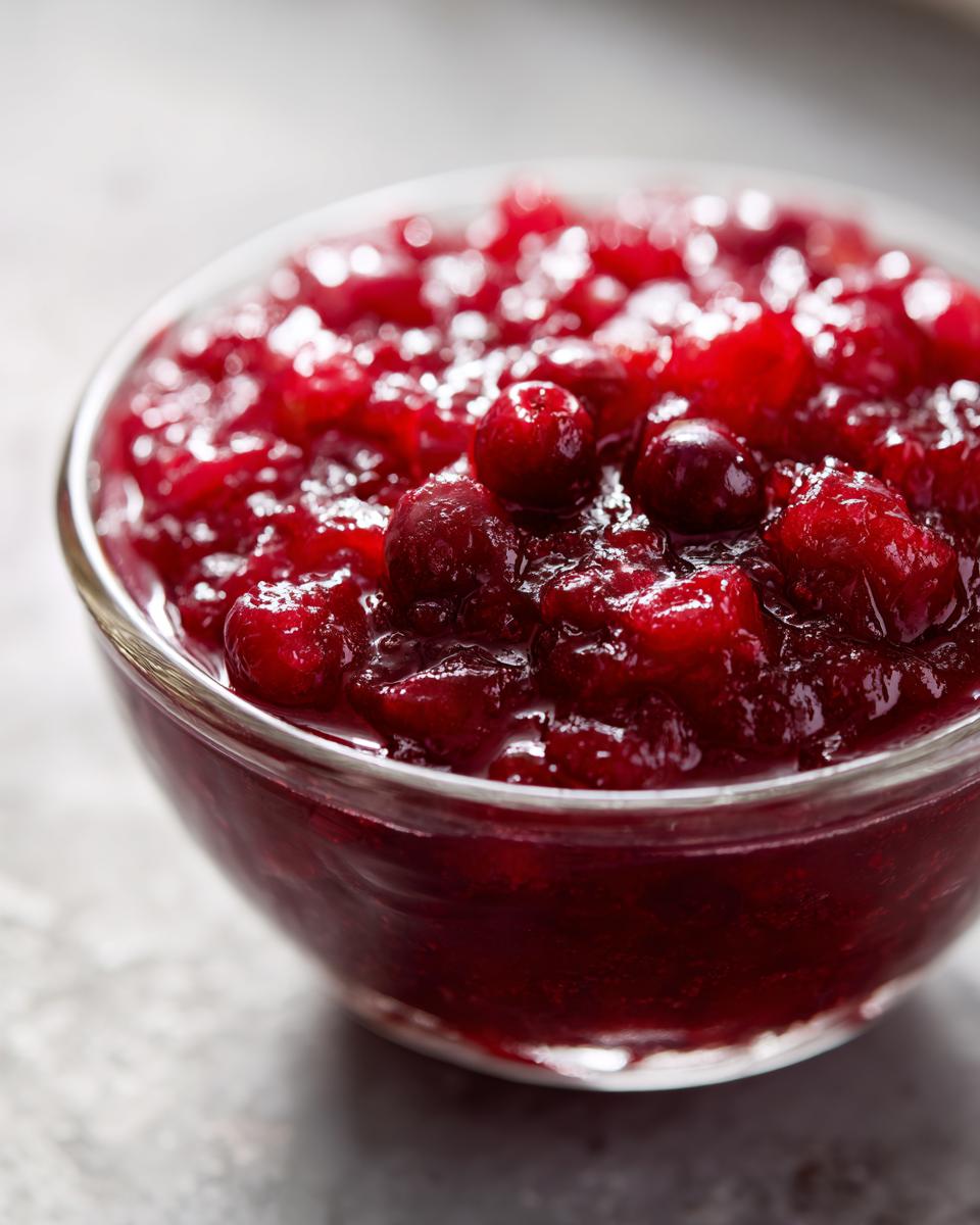 Close-up of vibrant homemade cranberry sauce in a clear glass bowl, featuring whole cranberries and a rich red texture.