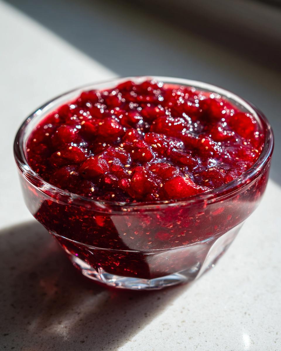 Close-up of vibrant homemade cranberry sauce in a clear glass bowl, showing texture and seeds.