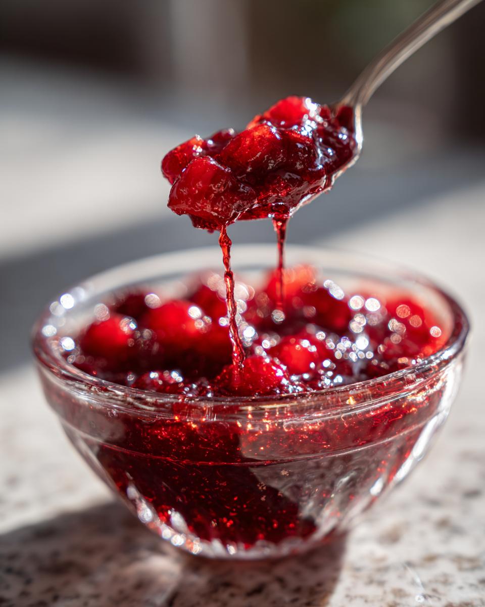 A spoonful of glistening homemade cranberry sauce dripping back into a glass bowl.