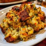 A close-up of a white plate filled with homemade stuffing, featuring chunks of bread, herbs, and diced carrots.