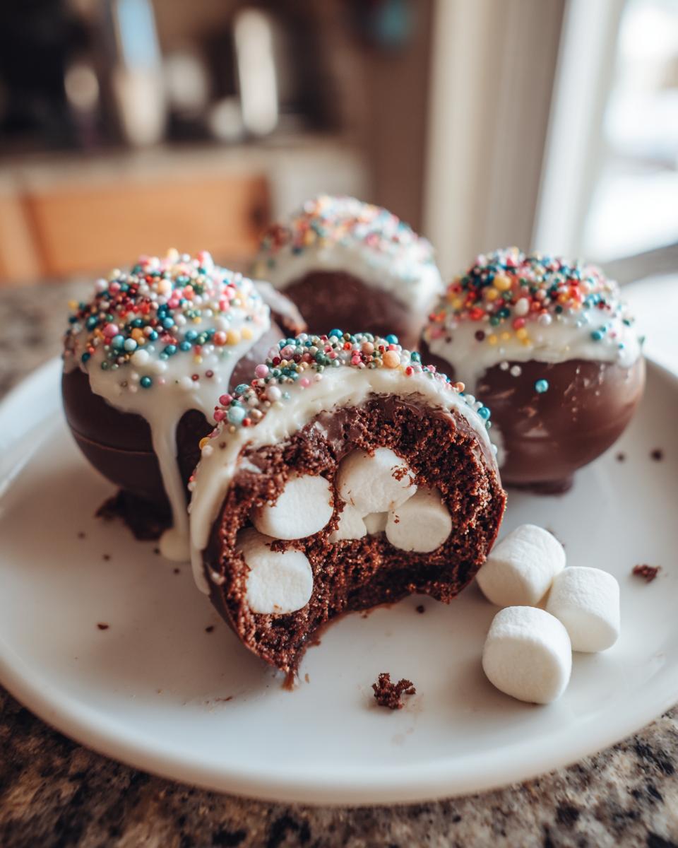 A close-up of a delicious hot chocolate bomb, cut in half to reveal marshmallows inside, topped with white chocolate and sprinkles.