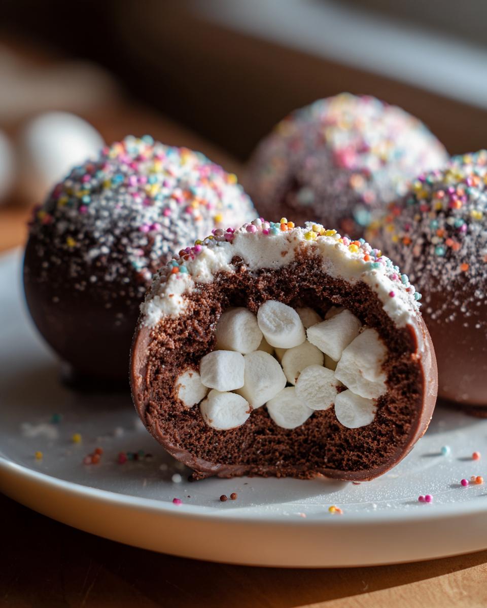 A cutaway view of a hot chocolate bomb revealing mini marshmallows inside, topped with frosting and colorful sprinkles.